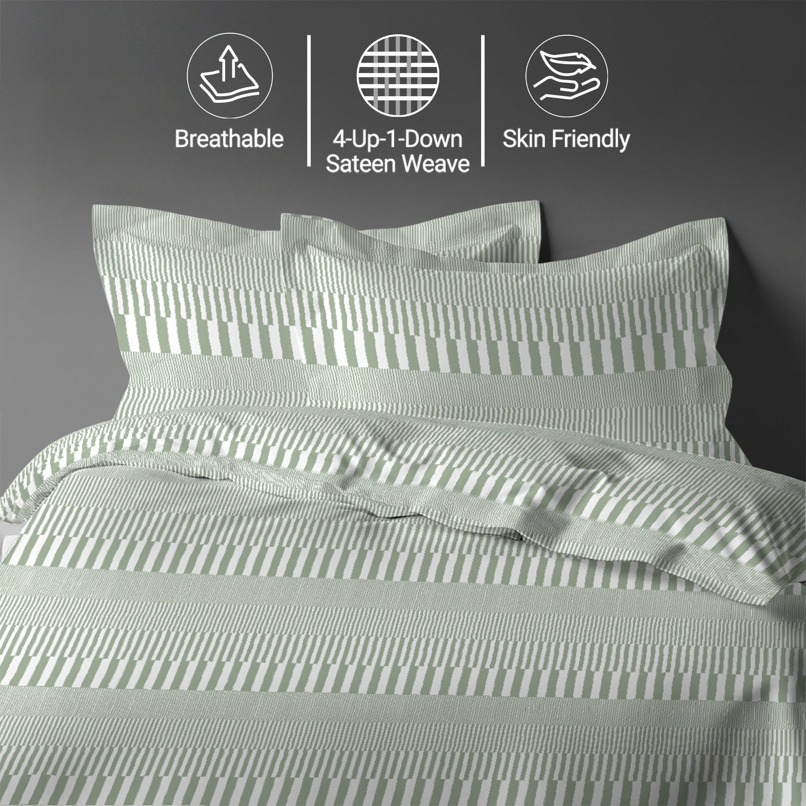 Cascade Stripe Green super king size cotton duvet cover set by Pizuna Linens breathable skin friendly sateen weave